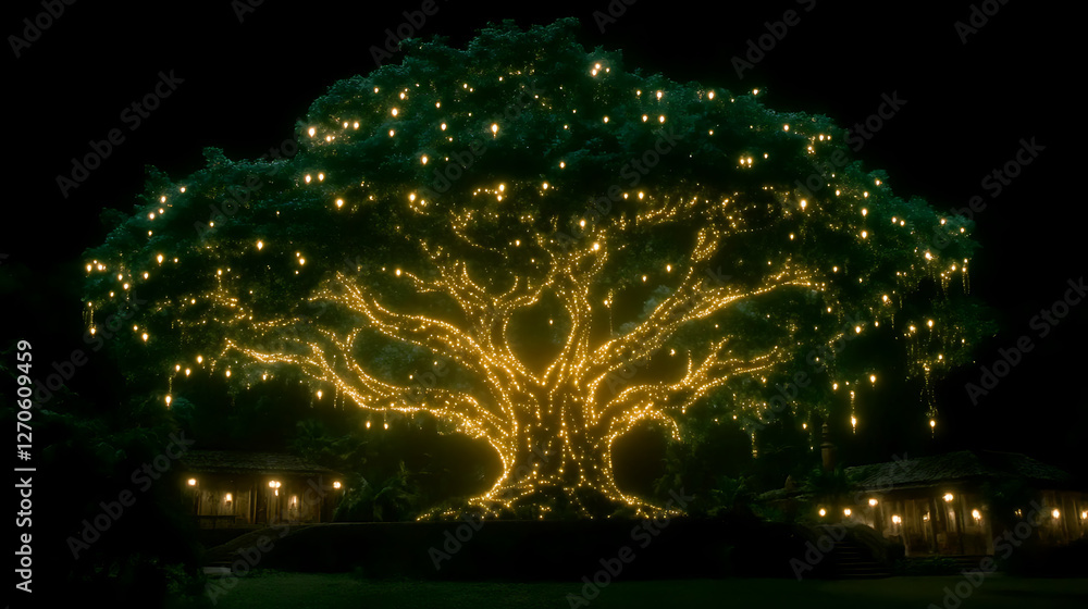 Aufkleber enchanted glowing tree at night with rustic house and twinkling string lights displaying peace