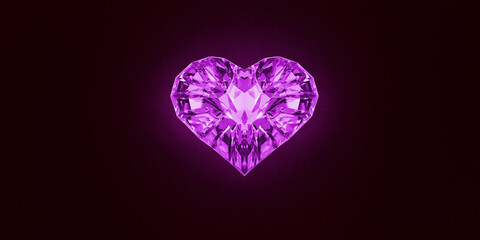 3D render illustration of purple glass heart from faceted glass on dark background. Concept Valentine day romantic.