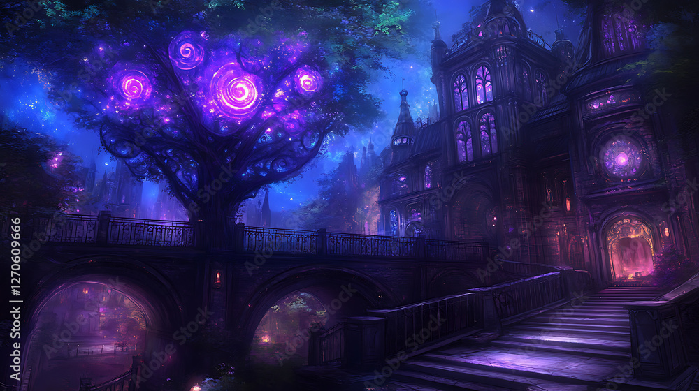 Poster enchanted grandiose building with luminous tree and stone bridge in a magical fantasy setting