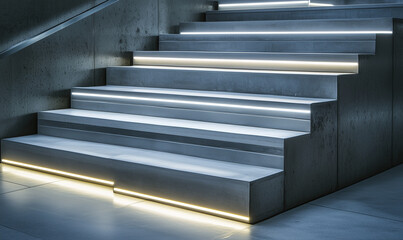Obraz premium Concrete stairway with glowing LED lights in a modern office close-up