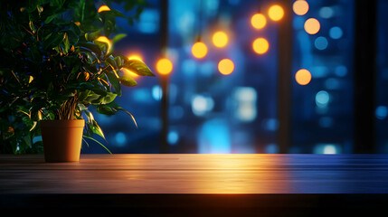 Fototapeta premium Indoor Plant on Wooden Table Against a Blurry Cityscape Night View