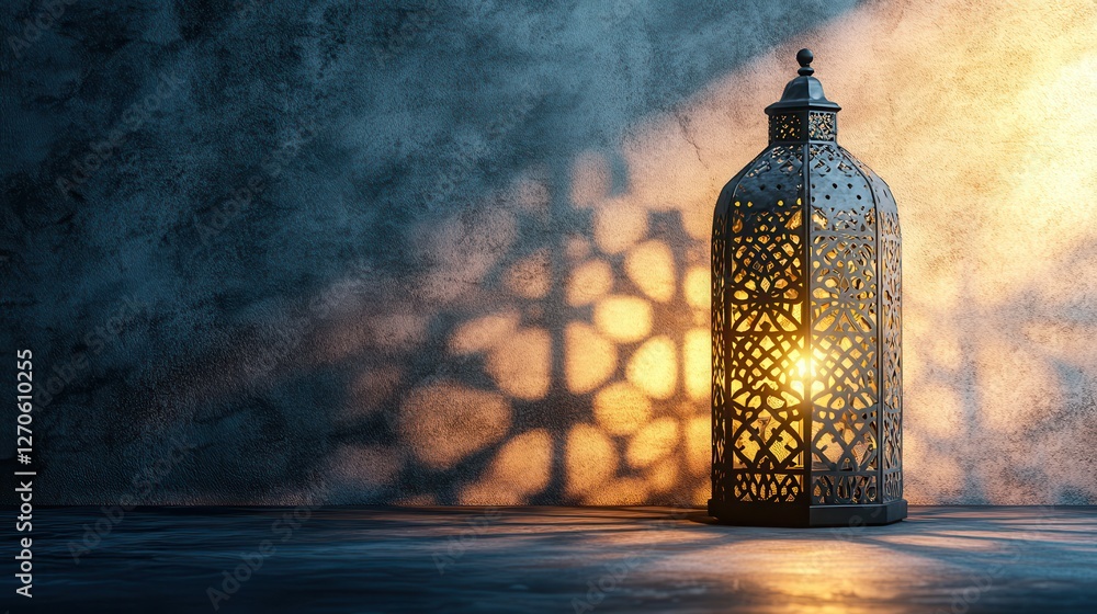 Poster elegant lantern casting intricate shadows on rustic wall in soft ambient light setting