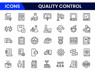 Quality control web icons set vector Illustration. Thin line icons for quality control, inspection, management, analysis, certification, standards, and compliance.