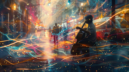 A musician plays an instrument in a bustling street, their music transforming into vibrant waves of color. A dynamic blend of sound, energy, and urban creativity.