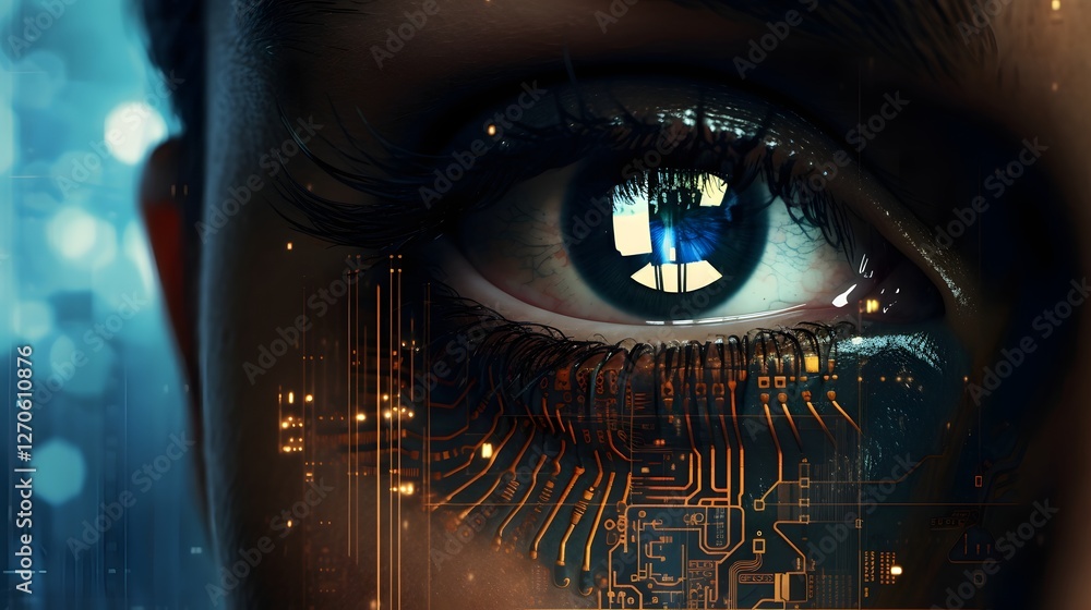 Poster futuristic eye scanning technology for biometric identification and security in a high tech digital 