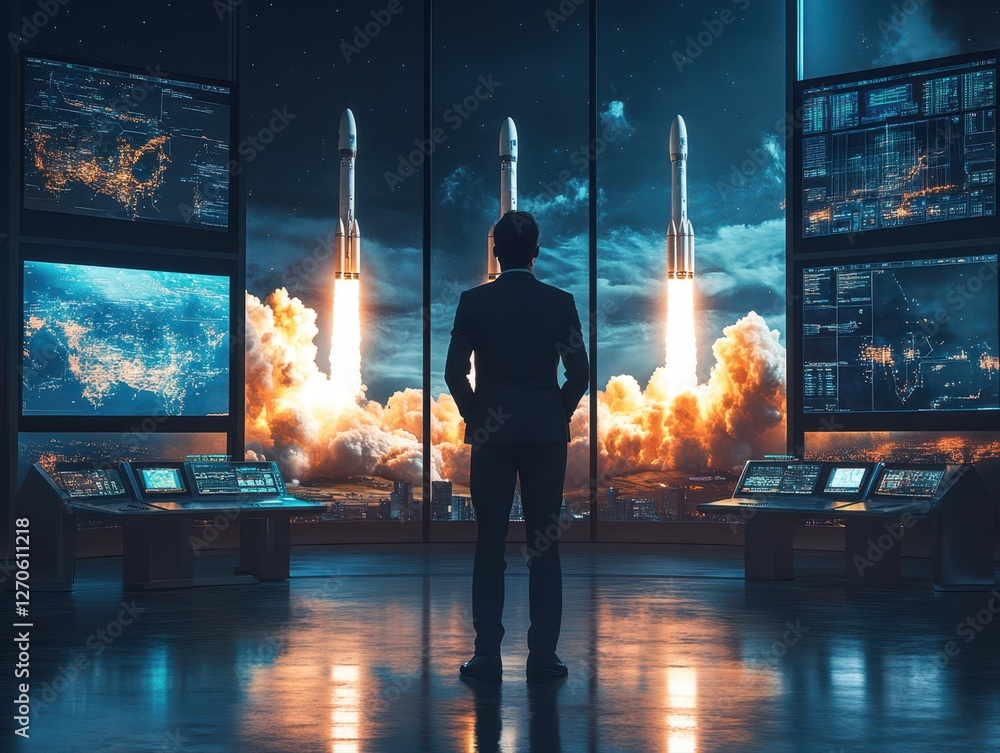 Poster man in futuristic control room observing display of space shuttles and advanced technology equipment