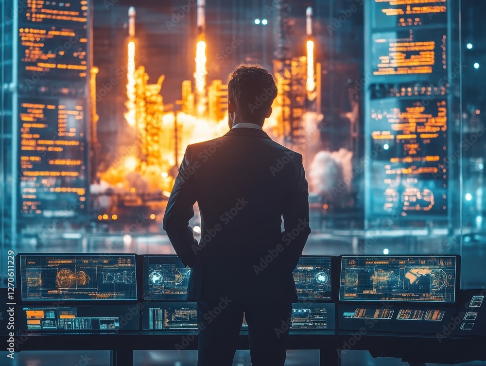 Poster business leader in a suit observing multiple computer screens in a futuristic control room environme