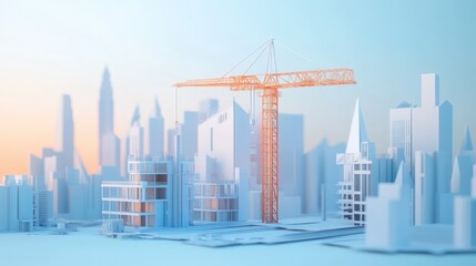 3D paper model illustration conceptualization of cityscape of buildings with cranes, background wallpaper AI generated image