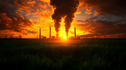 Fototapeta premium Industrial Plant Emitting Smoke at Fiery Sunset Over Green Field