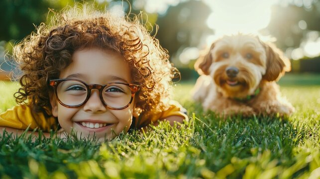 Myopia prevention with a child wearing glasses playing with blocks on the floor. Bright playroom, vibrant colors, cheerful mood