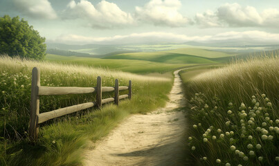 Obraz premium Light wooden fence in calm prairie with gentle hills and natural landscape