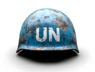 Close-up of a weathered blue UN helmet with worn textures and visible dirt. Symbolizes peacekeeping missions and international cooperation in conflict zones