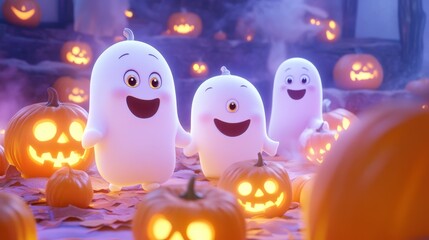 Playful Ghost Characters Surrounded by Glowing Halloween Pumpkins
