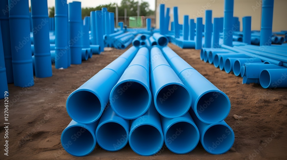Poster symmetrical arrangement of blue pvc pipes creating a captivating geometric aesthetic pattern with cl