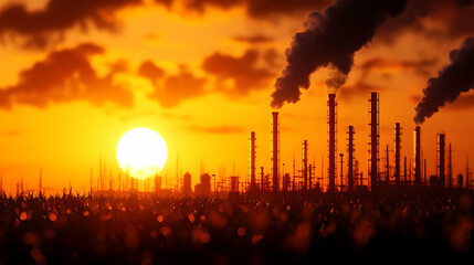 Obraz premium Industrial Plant Silhouette Against Orange Sunset Sky with Smoke Emission