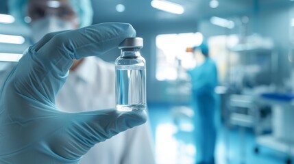 Healthcare professional holding vaccine vial in modern clinic, symbolizing public health efforts and vaccine coverage.