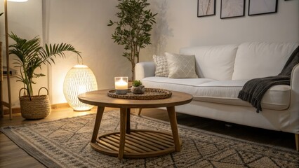 Japandi Living Room: Cozy Minimalist Night Photography of Round Coffee Table & White Sofa