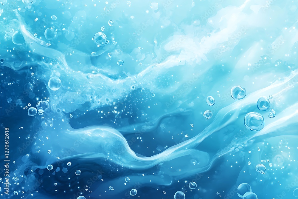 Poster water splashes and bubbles on blue background with bokeh effect