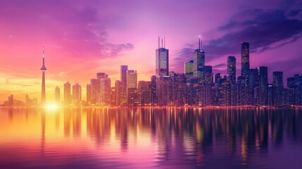 Obraz premium Vibrant Sunset Over Urban Skyline with Reflections on Water