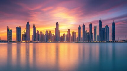 Fototapeta premium Dramatic Sunset Over Modern Skyscrapers Reflecting in Water