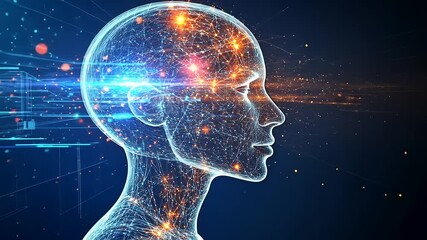 Futuristic digital silhouette of a human head filled with glowing data points and connections - Powered by Adobe