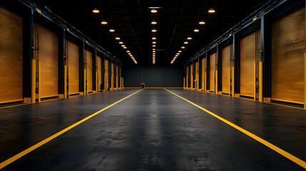 Naklejka premium Interior of Large Industrial Warehouse with Yellow Accents and Dark Asphalt Floor