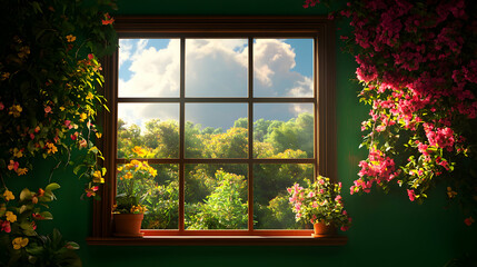Interior View Through Window with Garden Flowers and Bright Green Wall