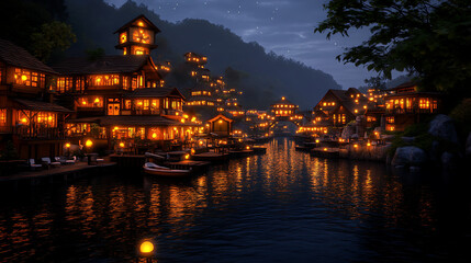 Obraz premium Enchanting Nightscape Illuminated Wooden Village Dwellings along Tranquil River with Reflecting Lights