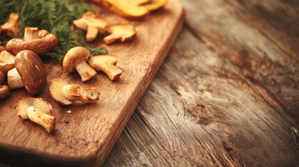 Fototapeta premium Assorted Fresh Mushrooms on Wooden Cutting Board Background