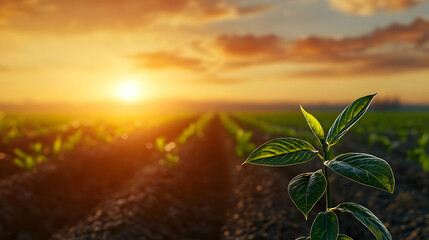 Young Plant Seedlings in Ploughed Field at Sunset with Golden Sunlight and Horizon Sky