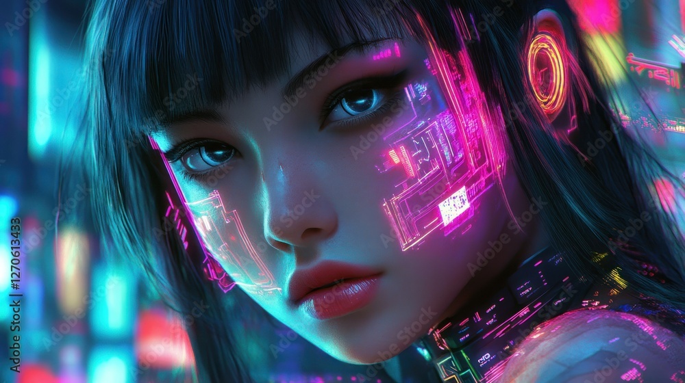 Poster a futuristic tech hacker girl with neon cyber circuits embedded in her skin, controlling an advanced