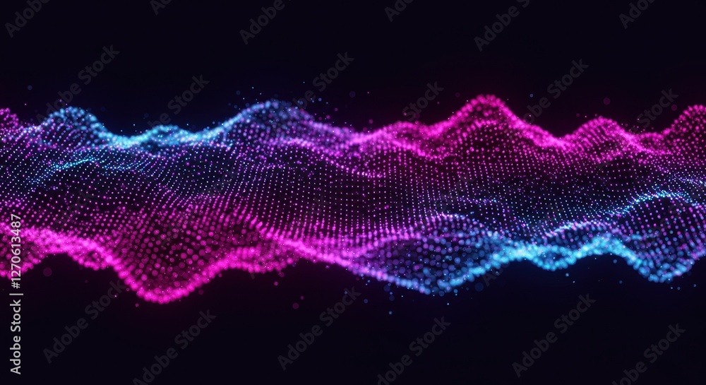 Poster a dynamic visualization of neon pink and blue digital waves flowing smoothly across a dark backgroun