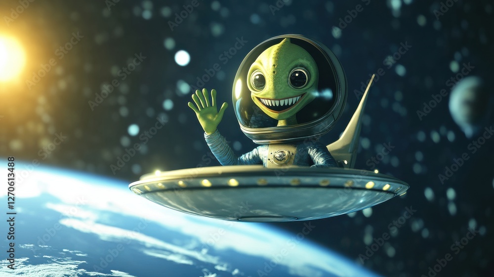 Poster friendly alien in spaceship waving in outer space with earth below