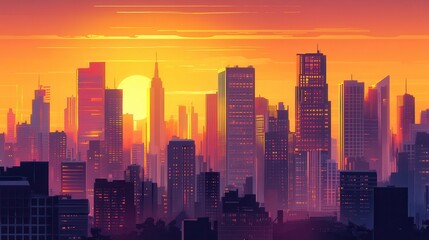 Fototapeta premium Urban Skyline at Sunset with Colorful Cityscape and Silhouettes