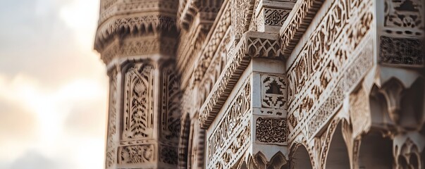 Ornate architectural details feature intricate carvings and Islamic calligraphy