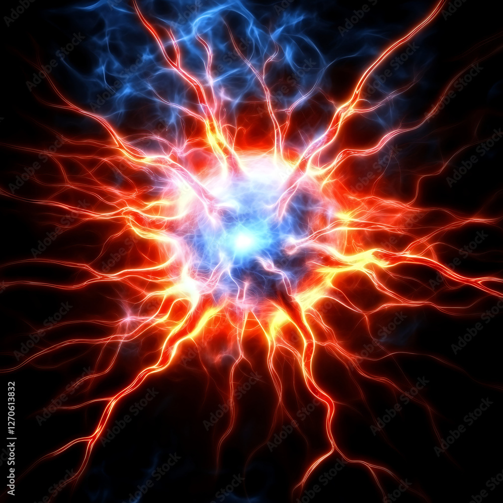 Poster energetic burst of digital fractal lightning with dynamic red blue plasma rays in abstract design