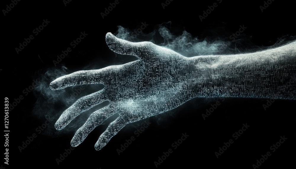 Poster abstract hand dissolving into glowing particles on a dark background