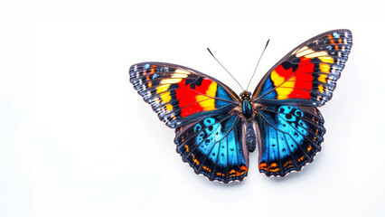 Obraz premium Vibrant colorful beautiful butterfly against white background. Symbol of care, childhood, trust, elegance, beauty. Perfect for nature branding, artistic designs, and butterfly themed visuals. Copy spa