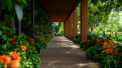Fototapeta premium Landscaped Garden Path with Wooden Pergola and Vibrant Orange Flowers Amidst Lush Greenery in Daytime