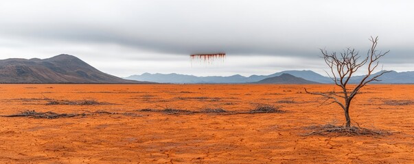 Acid rain climate change concept. A vast orange landscape with a solitary tree under cloudy skies.