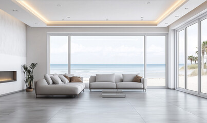 Fototapeta premium Elegant living room with light gray floors, large windows, and stylish ambiance