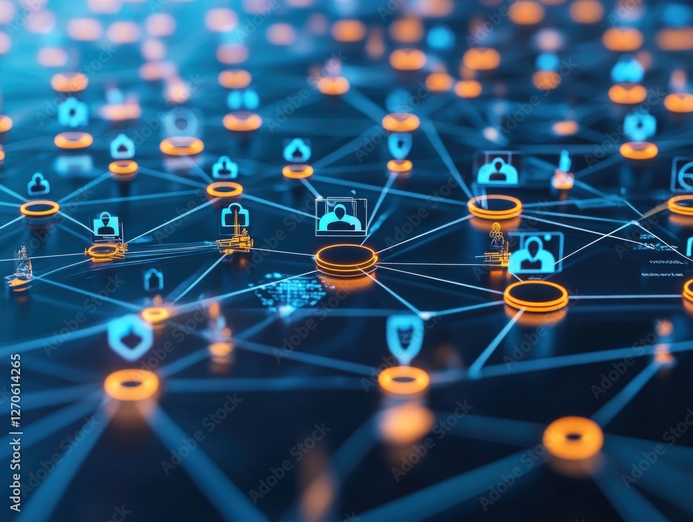 Poster abstract network connections visualization: glowing nodes and lines in blue and orange