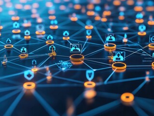 Abstract Network Connections Visualization: Glowing Nodes and Lines in Blue and Orange