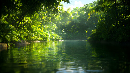 Obraz premium Lush Green Jungle Stream Reflecting Sunlight Through Dense Foliage in Peaceful Environment
