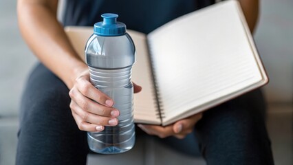healthy habits with hydration and focusconcept. A person holding a water bottle sits with an open notebook, suggesting hydration and reflection.