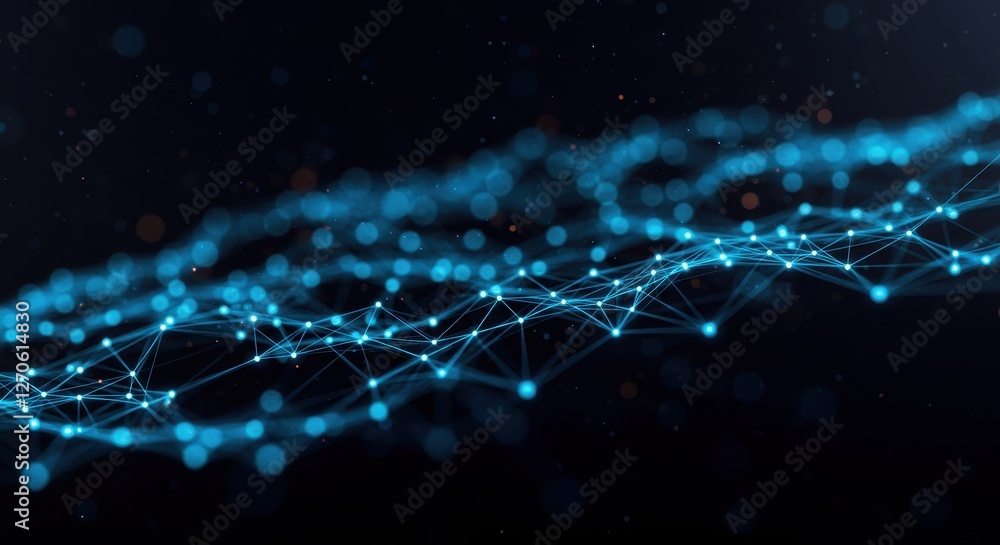 Aufkleber a futuristic network visualization with glowing blue nodes connected by thin light lines symbolizing