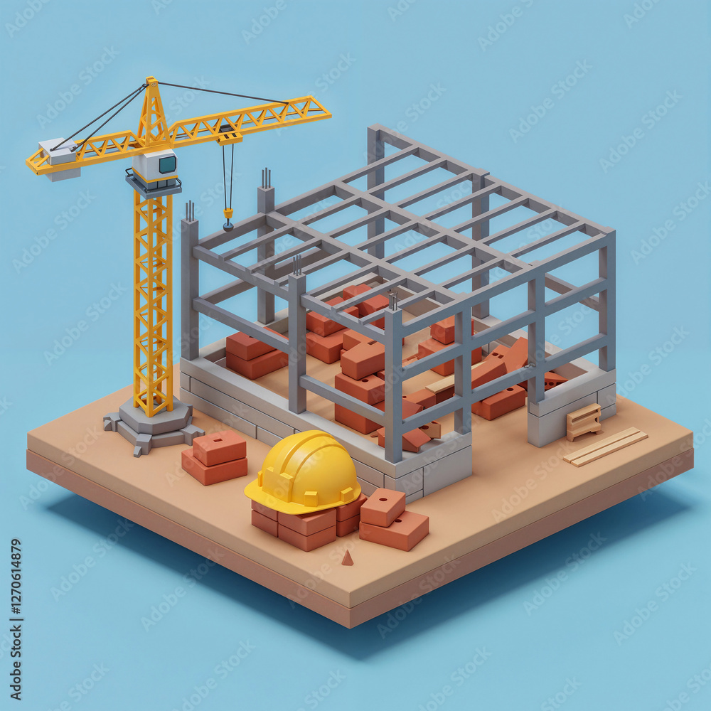 Poster isometric construction with crane and building frame . generative ai