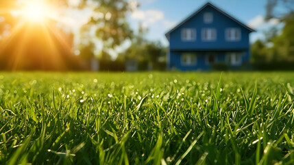 Lush Green Lawn in Foreground with Blue House and Bright Sun in Background
