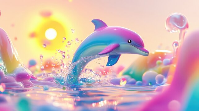 Colorful Dolphin Jumping Through Vibrant Rainbow Waves at Sunset