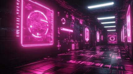 Obraz premium Cyberpunk game room with neon pink holographic panels, glowing energy, dark futuristic feel background wallpaper AI generated image